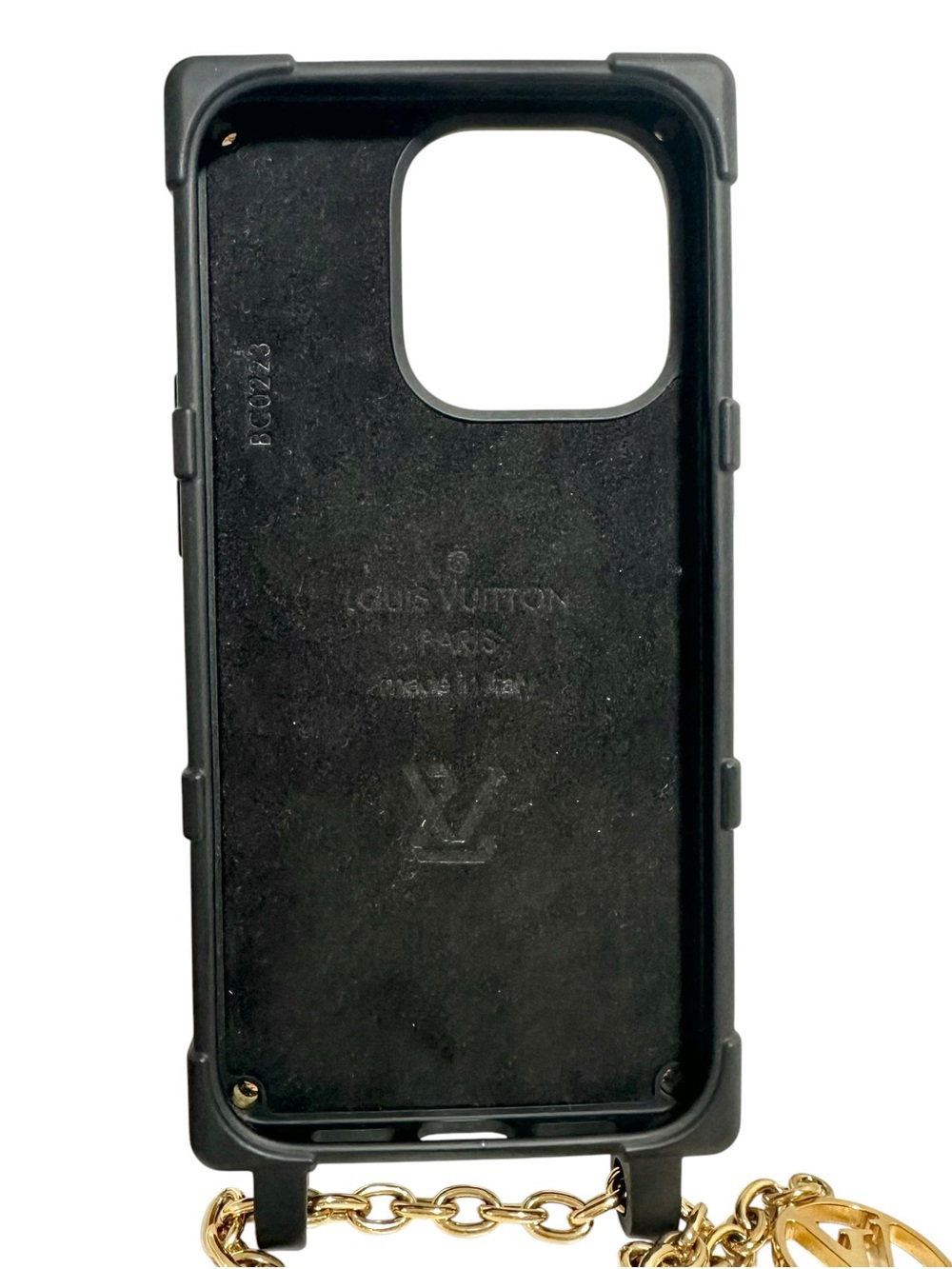 Louis Vuitton Black Matte Embossed Monogram Trunk iPhone 14 Pro Case Gold Chain - Picture 14 of 16